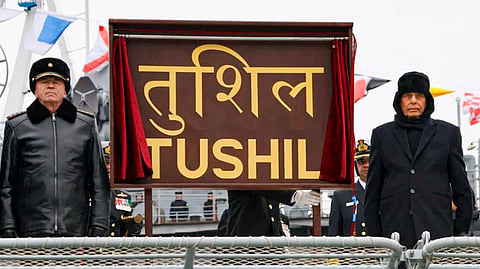 Union Defence Minister Rajnath Singh during the commissioning ceremony of INS Tushil in Kaliningrad, Russia (Photo | PTI)