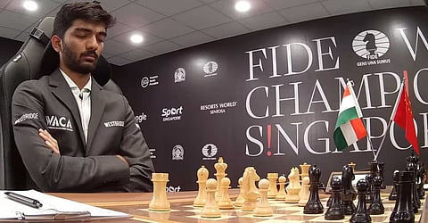 Screengrab of D Gukesh meditating during Game 3 of the World Chess Championship against Ding Liren.