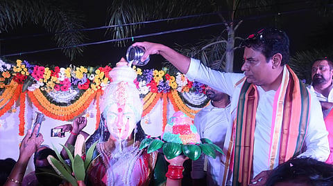 BRS working president KT Rama Rao inaugurates the Telangana Talli statue at Medchal.