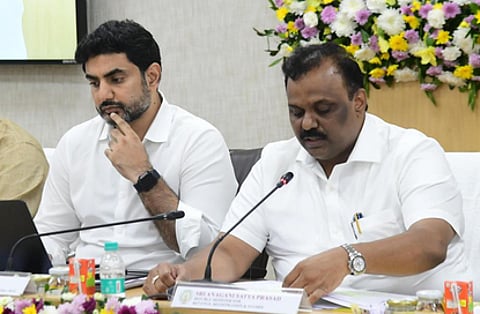 Revenue minister Anagani Satyaprasad and minister for IT Nara Lokesh during collectors conference at Secretariat on Wednesday.