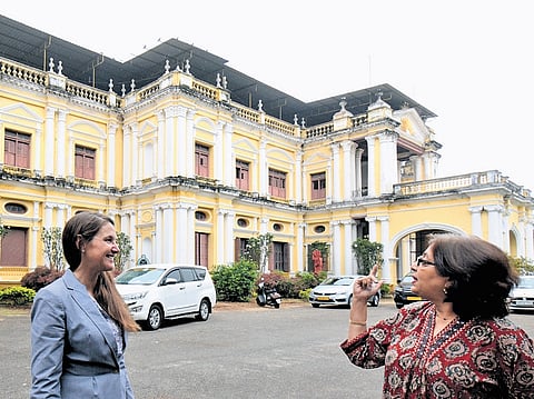 Jeanne Briganti, Public Affairs Officer of the US Consulate General, Chennai, and
Ratna Mukherjee, strategic planning and public engagement specialist of the US Consulate General, Chennai, in front of Jayalakshmi Vilas Mansion in Mysuru on Thursday