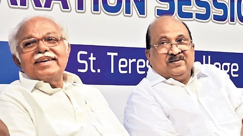 Prof P J Kurien, former Union minister and Rajya Sabha chairman and K V Thomas at the inaugural function of the one-day pre-budget preparation session held at St Teresa’s College
on Friday.