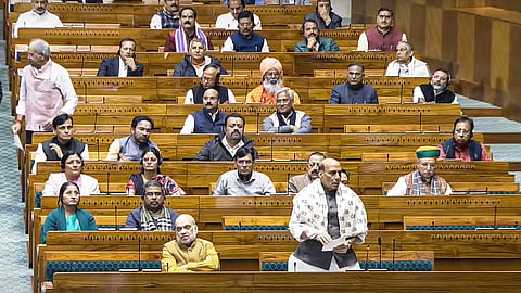 Defence Minister Rajnath Singh speaks during a discussion on 75th anniversary of the adoption of the Constitution of India in the Lok Sabha during the Winter session of Parliament, in New Delhi.