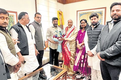 Chief Minister A Revanth Reddy greets Union Finance Minister Nirmala Sitharaman
in New Delhi on Friday