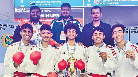 Munipala Ramanuja Pranav (bottom most left) and Arabandi Karthik Reddy (bottom centre) with teammates, staff and national team coach Keerthan Kondru at the Commonwealth Karate Championship in Durban, South Africa