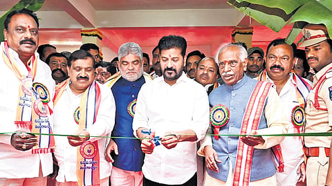 Chief Minister A Revanth Reddy inaugurates the Doddi Komuraiah Kurma Bhavan in the presence of Haryana Governor Bandaru Dattatreya at Kokapet on Saturday