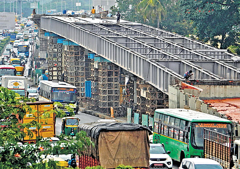 Ongoing construction work on Hebbal flyover in Bengaluru
