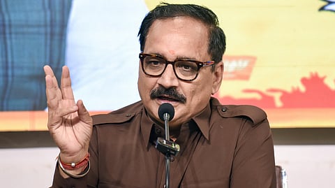 Delhi BJP President Virendra Sachdeva addresses a press conference in New Delhi.