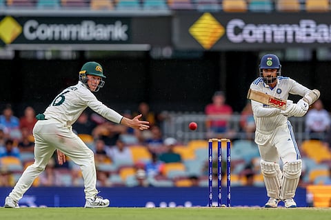 India's Akash Deep plays a shot during play on day four of the third cricket test between India and Australia at the Gabba in Brisbane, Australia, Tuesday, Dec. 17, 2024.