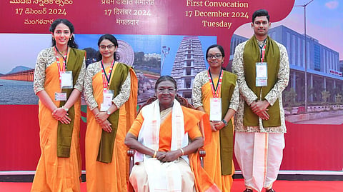 President of India Draupadi Murmu, Governor S Abdul Nazeer and CM Nara Chandrababu Naidu during the 1st Convocation of AIIMS Mangalgiri on Tuesday.