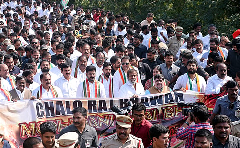 Chief Minister A Revanth Reddy, Telangana Pradesh Congress Committee (TPCC) B Mahesh Kumar Goud and other Ministers take part in ‘Chalo Raj Bhavan’ rally from Indira Gandhi statue on Necklace Road to Raj Bhavan in Hyderabad on the Manipur and Adani issues.
