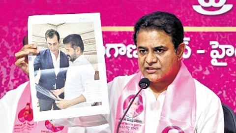 BRS working president KT Rama Rao addresses the media at Telangana Bhavan in Hyderabad on Thursday