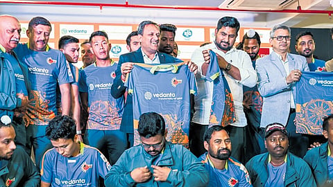 Sports minister Suryabanshi Suraj unveils the Vedanta Kalinga Lancers jersey at Kalinga Stadium, in Bhubaneswar on Thursday