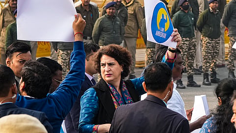 Congress MP Priyanka Gandhi Vadra with other INDIA bloc MPs during a protest against Home Minister Amit Shah over his remarks related to B R Ambedkar, at Vijay Chowk, in New Delhi, Friday, Dec. 20, 2024.
