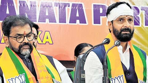BJP MLC CT Ravi and Leader of Opposition in the Council Chalavadi Narayanaswamy address the media at the BJP office in Bengaluru on Saturday