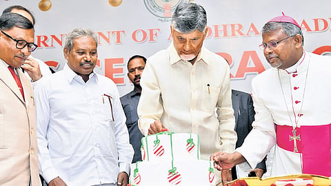 CM Chandrababu Naidu cutting a cake during Semi Christmas celebrations