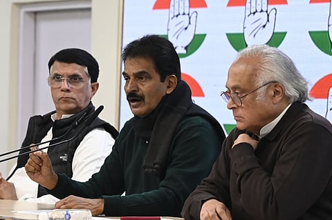 Congress leaders KC Venugopal and Jairam Ramesh, Pawan Khera during a press conference, at AICC HQ in New Delhi.