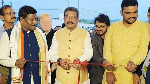 Pradhan along with Swain and Tarai inaugurating the plastic bag manufacturing plant