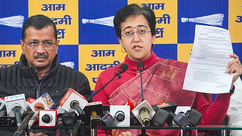 Delhi Chief Minister Atishi and AAP National Convenor Arvind Kejriwal during a press conference in New Delhi, Wednesday, Dec. 25, 2024.
