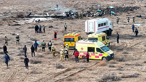 The wreckage of Azerbaijan Airlines Embraer 190 lays on the ground near the airport of Aktau, Kazakhstan, Wednesday, Dec. 25, 2024.