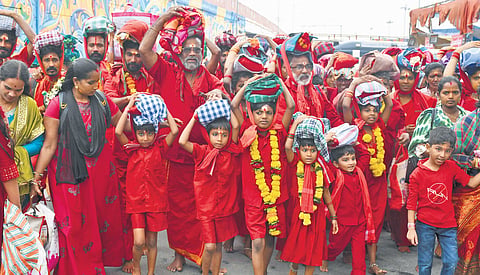 Bhavanis arriving at Kanaka Durga temple in Vijayawada on the final day of Deeksha relinquishment