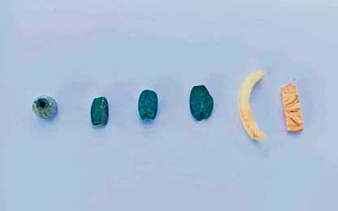 The recovered glass beads and shell bangles.