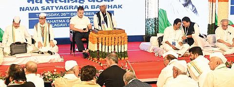 Congress president Mallikarjun Kharge with Rahul Gandhi and others during the Congress Working Committee meeting to mark the 100th anniversary of its Belgaum session presided over by Mahatma Gandhi, in Belagavi, on Thursday