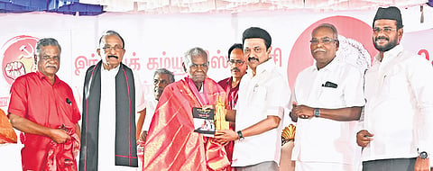 CM MK Stalin honouring veteran CPI leader R Nallakannu on the occasion of his 100th birthday celebrations at CPI headquarters in Chennai on Thursday