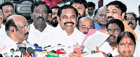 AIADMK general secretary Edappadi K Palaniswami talking to reporters in Chennai.