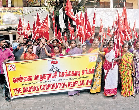 Union members staged a protest in front of the Ripon building on Friday raising various demands