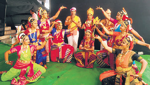 A troupe of dancers performing at the Kuchipudi Pathaka Swarnotsavam