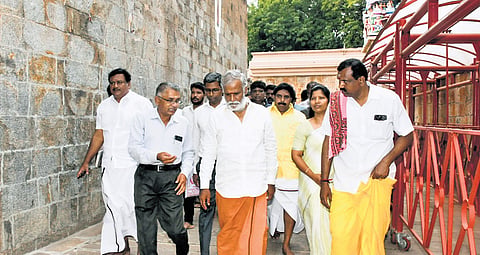HR&CE Minister PK Sekarbabu inspecting the Vaikunta Eakadasi festival arrangements at the Ranganathaswamy temple on Friday