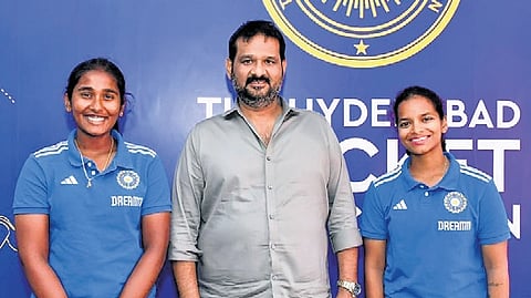HCA president Arshanapalli Jagan Mohan Rao with cricketers G Trisha and K Drithi in Hyderabad on Saturday