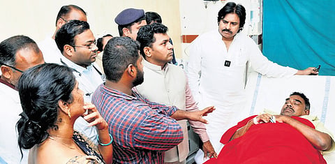 Deputy Chief Minister K Pawan Kalyan consoled Galiveedu MPDO Jawahar Babu at RIMS Hospital in Kadapa on Saturday