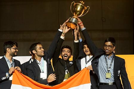 Winner of the Open category team India celebrate with their trophy during a ceremony at the 45th Chess Olympiad in Budapest, Hungary in 2024
