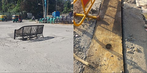 Concerned about the safety of commuters, a local placed a bamboo sofa on the crater.