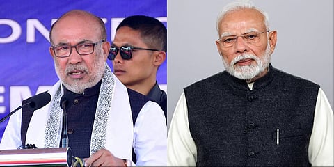 Manipur CM N Biren Singh(L) Prime Minister Narendra Modi (R).