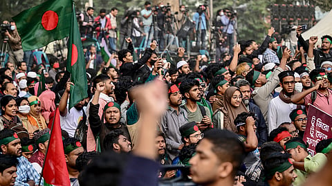 In this photo from 2024, students and supporters shout slogans during the 'March for Unity' program organised by the Anti-Discrimination Student Movement at the Shaheed Minar in Dhaka.