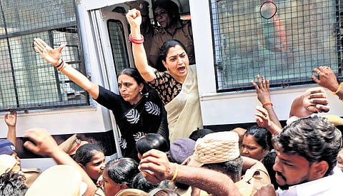 Khushbu, along with other BJP women cadre, being detained in front of Chellathamman temple in Madurai on Friday