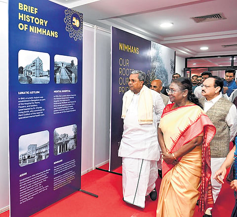 President Droupadi Murmu, Chief Minister Siddaramaiah and Union Health Minister JP Nadda during the golden jubilee celebrations of NIMHANS on Friday