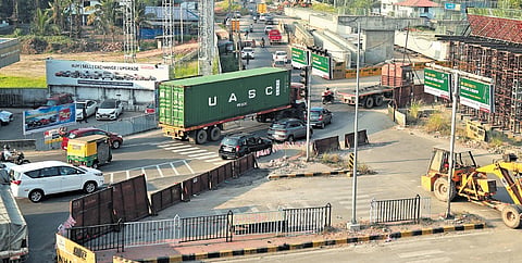 The construction site of an overbridge at Cheranalloor Junction