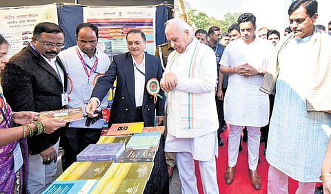 Bihar Governor Arif Mohammed Khan, Union Minister of State Nityananda Rai, MP Yaduveer Krishnadatta Wadiyar at an exhibition in Mysuru on Saturday