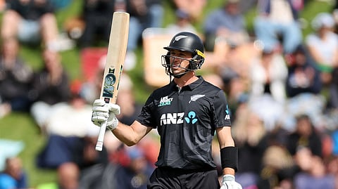 New Zealand's Will Young celebrates 50 runs during the first one-day international cricket match between New Zealand and Sri Lanka at the Basin Reserve in Wellington on January 5, 2025.