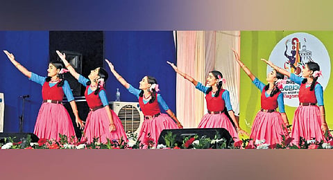 Students of GHSS Vellarmala perform at the opening ceremony of the 63rd State Kalolsavam in Thiruvananthapuram on Saturday