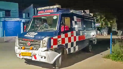 A damaged ambulance after it lost control and collided with a group of devotees, in Tirupati, Monday, Jan. 6, 2025. At least two people were killed and three others suffered injuries in the incident, according to officials.