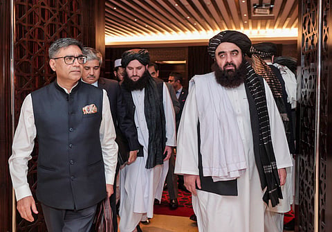 Foreign Secretary Vikram Misri during a meeting with acting Foreign Minister of Afghanistan Mawlawi Amir Khan Muttaqi in Dubai (Photo | @MEAIndia)