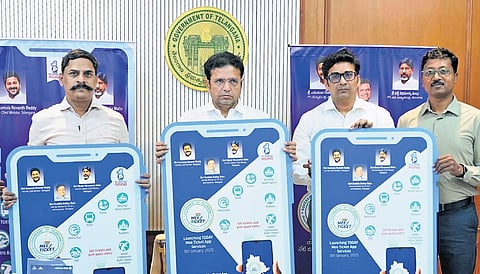 Minister D Sridhar Babu launches the Mee Ticket mobile application in Hyderabad.