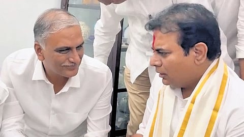 BRS working president KT Rama Rao speaks to Siddipet MLA
T Harish Rao at Telangana Bhavan in Hyderabad on Thursday, after appearing before the ACB