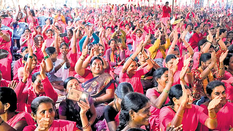 ASHA workers are all smiles after the CM announced a fixed honorarium of Rs 10,000 per month, in Bengaluru on Friday.
