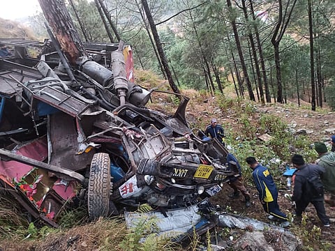 A mini bus en route to Srinagar lost control and plunged into a gorge in Pauri, Uttarakhand.